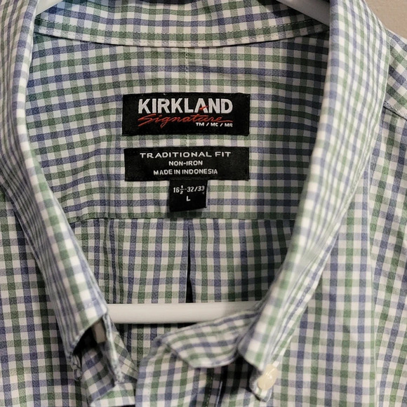 F26KIRKLAND SIGNATURE: MEN GREEN WHITE PURPLE BUTTON DOWN LONG SLEEVE SIZE LARGE - Picture 2 of 3